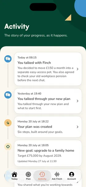 The Finch activity timeline, showing conversations, a plan and a goal.