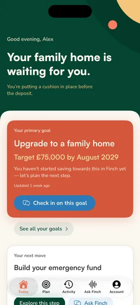 The Finch Today tab, showing the person’s primary goal and next move.
