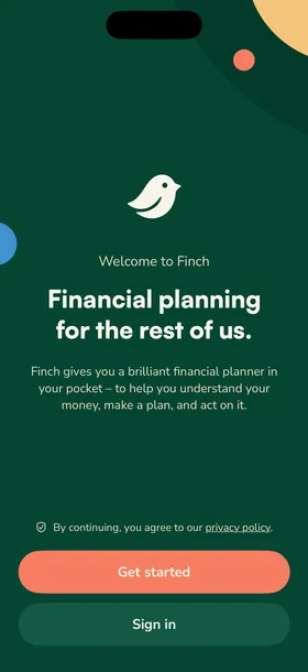The Finch welcome screen, headed “Financial planning for the rest of us.”